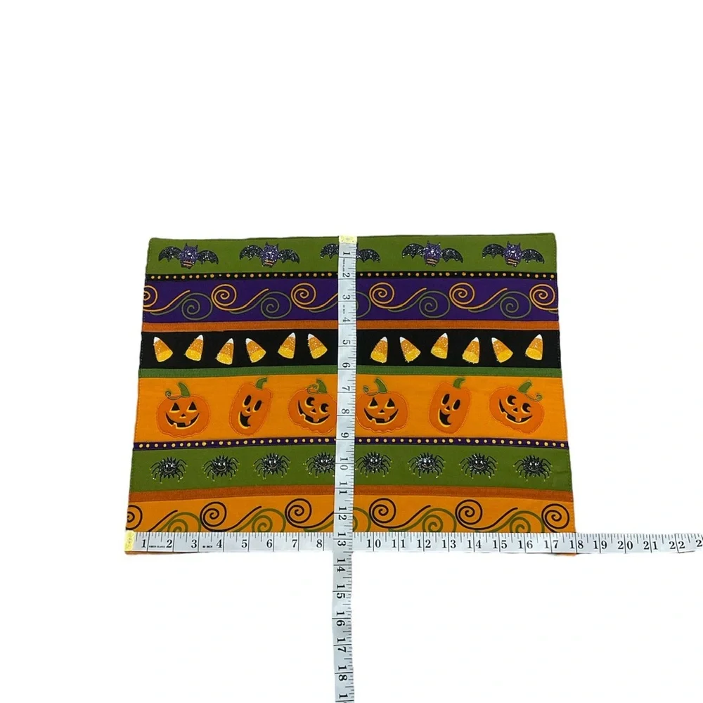 Halloween Placemats Set of 6 18” X 13.5” Glitter Orange Green Spider Candy Corn